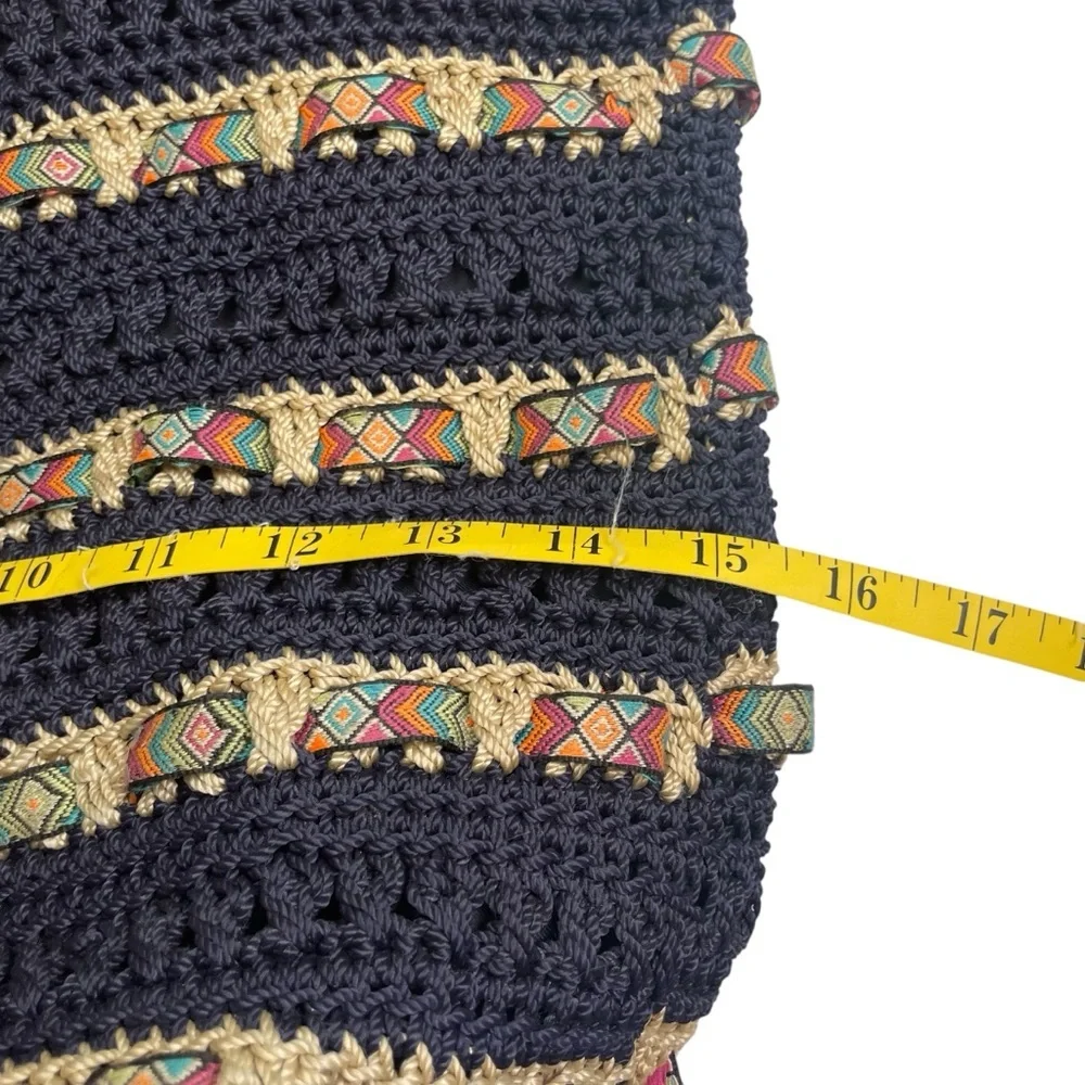 The Sak Cambria Crocheted Large Double Strap Zip‎ Top Tote Navy Woven Ribbon EUC